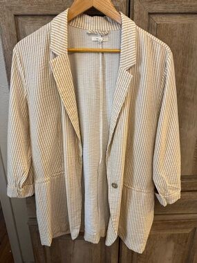 Striped Open-Front Linen Blend Blazer - Beige & White